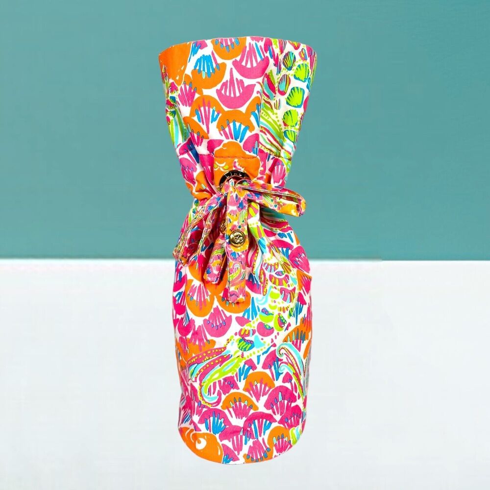 Lilly Pulitzer Wine Tote Gift Bag Fish Koi I'm So Hooked Neon Pink Orange Bright